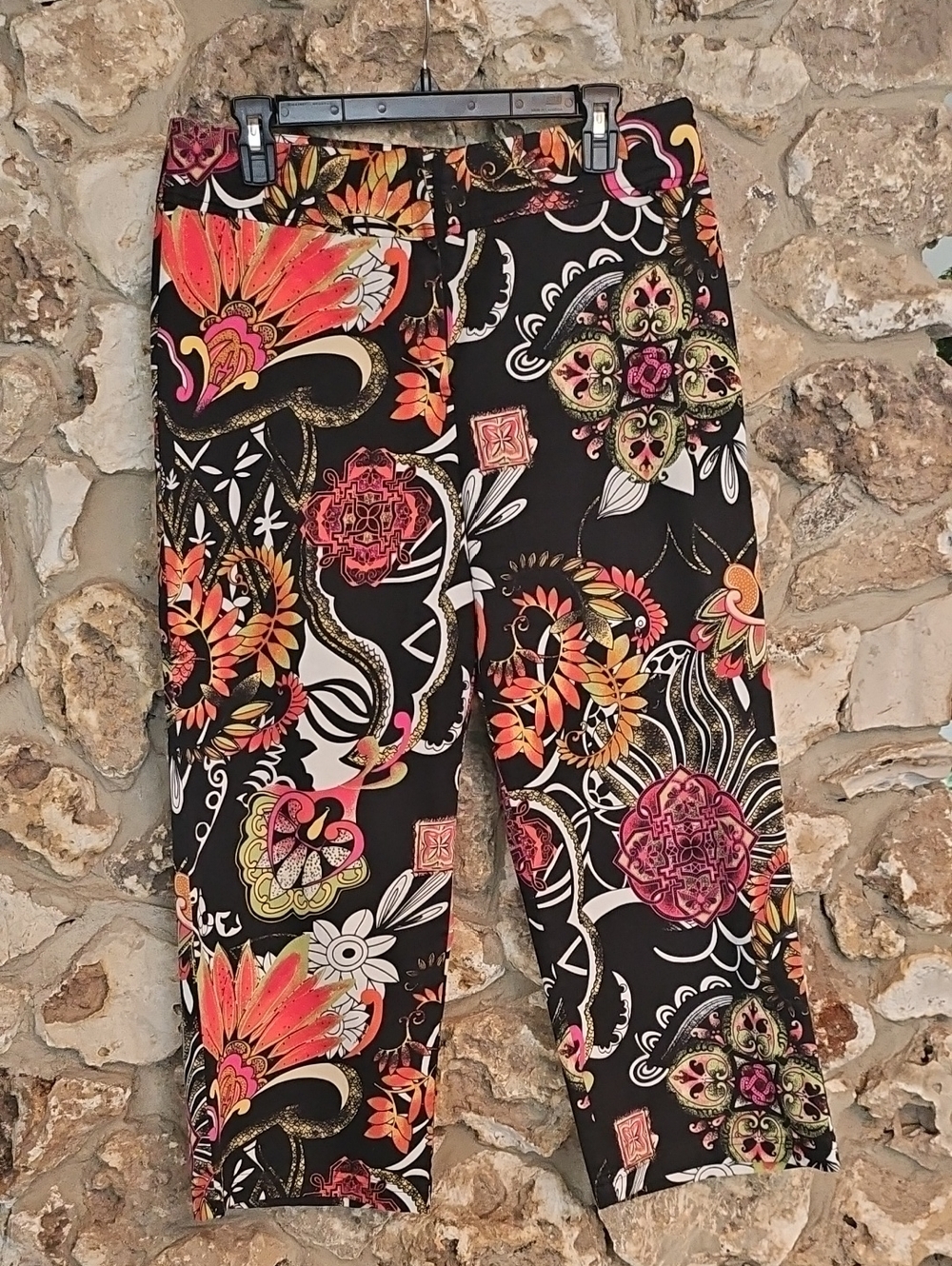 Chico's Black Floral Print Capris with Pink & Orange Accents